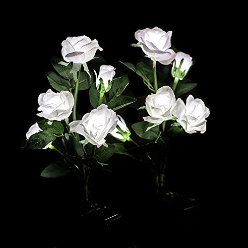 Rockabyee 2 Pack Solar Rose Flower Lights, Solar Rose Stake Lights Outdoor Waterproof for Garden, Patio, Lawn, Yard, Party, Wedding (White)