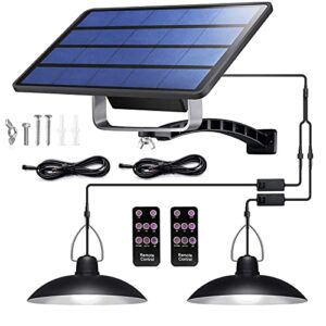 solar lights outdoor with dual head hanging shed, ip65 waterproof with 32 led lights and 2 remote control, adjustable solar panel with 19.68ft cord for home yard garden decorate