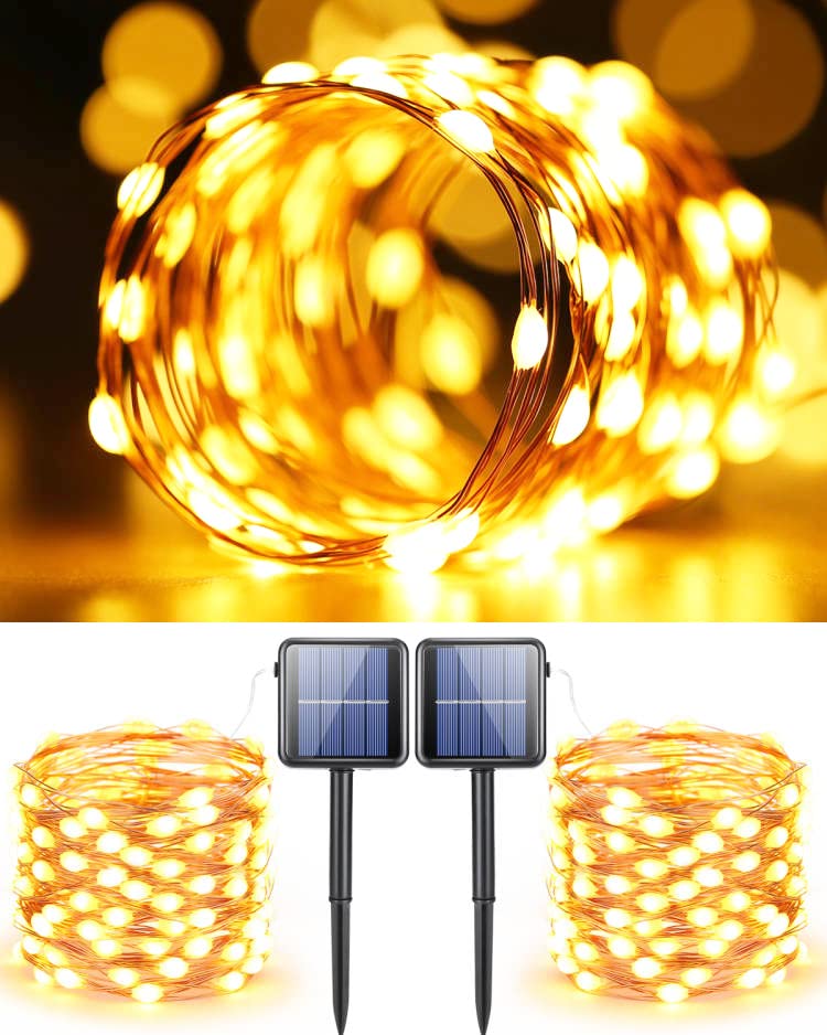 Flacchi Solar Fairy Lights Outdoor Waterproof - 2 Pack 39 ft 100 LED 8 Modes Solar String Lights for Patio Garden Yard Party Wedding Warm White