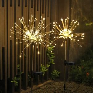 2 pack solar garden lights, 120 led solar firework lights outdoor, decorative stake string lights for walkway backyard pathway patio christmas wedding party (2, warm white)