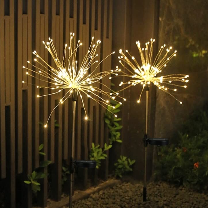 2 Pack Solar Garden Lights, 120 LED Solar Firework Lights Outdoor, Decorative Stake String Lights for Walkway Backyard Pathway Patio Christmas Wedding Party (2, Warm White)