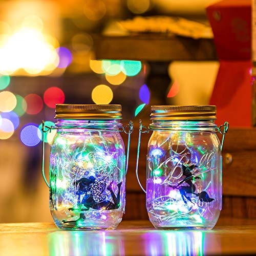 VOOKRY 6 Pack Solar Mason Jar Lid Lights(6 Handle/2 Fairy Sticker Included), 30 Led String Fairy Lights, Decor Idea for Mason Jar,Patio Garden Solar Fairy Lanterns Table Lights Multicolor (No Jars)