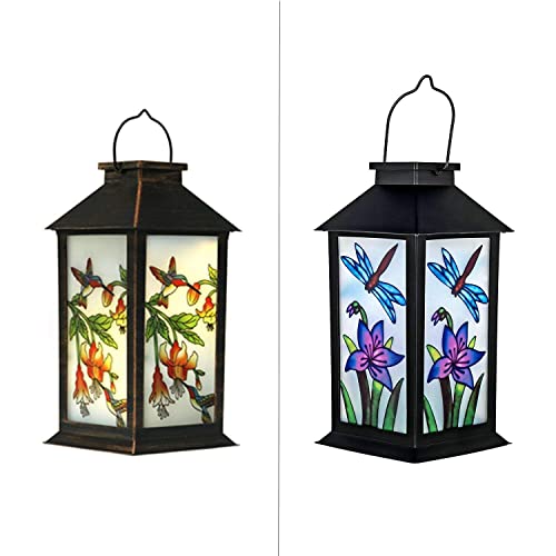 1 Dragonfly Lantern&1 Hummingbird Lantern, Solar Lanterns Outdoor Hanging Solar Lights Decorative for Garden Patio Porch and Tabletop Decorations.