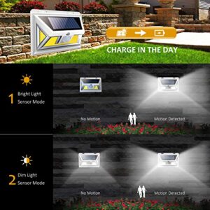 JUSLIT Solar Lights Outdoor, 74 COB LEDs Motion Sensor Light, 2 Modes Wireless Security Wall Lighting W/ 270° Wide Angle, IP65 Waterproof for Front Door, Yard, Garage, Garden, Deck, Porch (4PK)