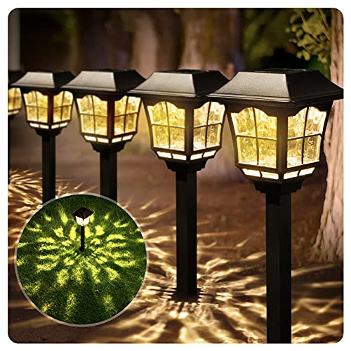 BEAU JARDIN 8 Pack Glass Solar Lights Pathway Landscape Outdoor Garden Waterproof Warm White LED Stainless Steeel Bright Sun Powered Lighting for Yard Path Patio Walkway Stakes Pattern Black BG403