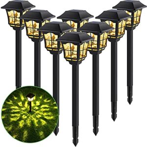 BEAU JARDIN 8 Pack Glass Solar Lights Pathway Landscape Outdoor Garden Waterproof Warm White LED Stainless Steeel Bright Sun Powered Lighting for Yard Path Patio Walkway Stakes Pattern Black BG403