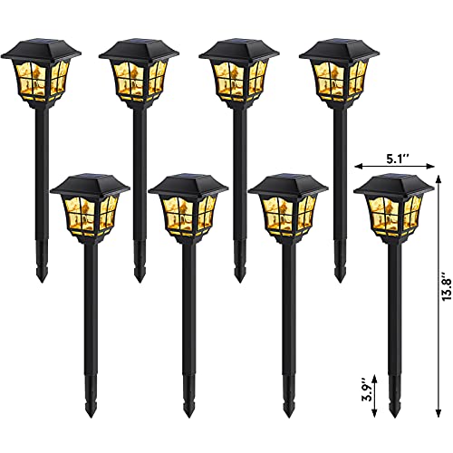 BEAU JARDIN 8 Pack Glass Solar Lights Pathway Landscape Outdoor Garden Waterproof Warm White LED Stainless Steeel Bright Sun Powered Lighting for Yard Path Patio Walkway Stakes Pattern Black BG403