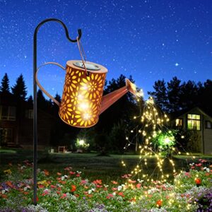 watering solar can lights outdoor waterproof powered, large solar outdoor light with cascading lights, solar lantern garden lights with shepherds hook for patio yard pathway mother’s day gifts