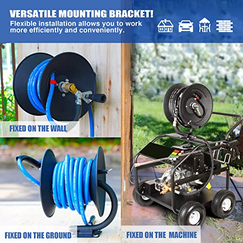 MEKOH Pressure Washer Hose Reel 50ft, 4000 PSI Heavy Duty Power Washer Hose Reel Wall Mounted, Metal Hose Reel Hand Crank, Outdoor Hose Reel for Air/Liquid/Water Use