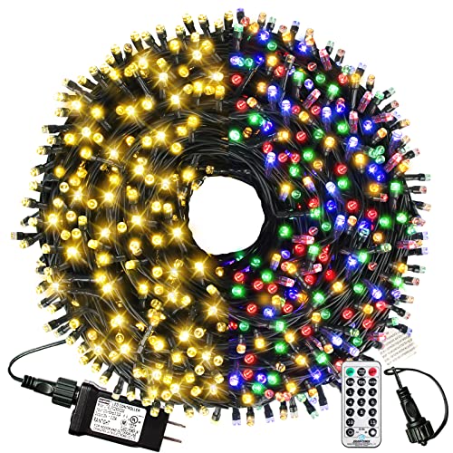 XTF2015 Christmas Outdoor Indoor Lights, 105ft 300 LED End-to-End Connected 9 Modes Timer Remote Christmas String Lights for Trees, Patio, Garden, Party, Wedding, Holiday (Warm White + Multicolor)