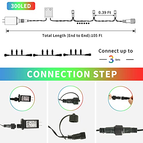 XTF2015 Christmas Outdoor Indoor Lights, 105ft 300 LED End-to-End Connected 9 Modes Timer Remote Christmas String Lights for Trees, Patio, Garden, Party, Wedding, Holiday (Warm White + Multicolor)