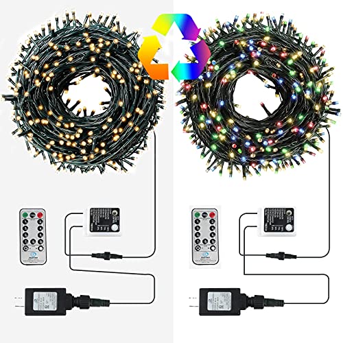 XTF2015 Christmas Outdoor Indoor Lights, 105ft 300 LED End-to-End Connected 9 Modes Timer Remote Christmas String Lights for Trees, Patio, Garden, Party, Wedding, Holiday (Warm White + Multicolor)