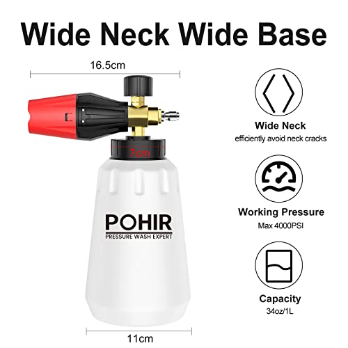 POHIR Foam Cannon for Pressure Washer, Wide Neck Snow Foam Lance with 1/4” Quick Connect, Wide Base Heavy Duty Car Wash Foam Blaster, Adjustable 1L Foam Sprayer Power Washer Accessories