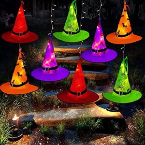 mzd8391 halloween decorations lighted witch hats, 8pcs hanging glowing witch hats 44ft halloween outdoor lights string with 8 lighting modes for outdoor, garden, yard, tree