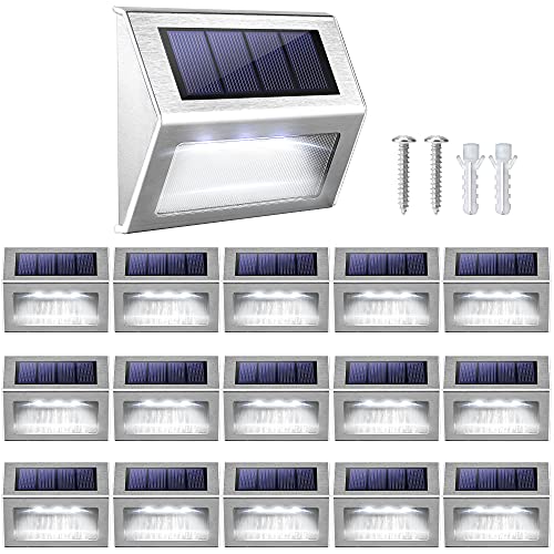 Outdoor Solar Lights for Deck 16 Pack JACKYLED Solar Deck Lights Stainless Steel Solar Lights Outdoor Waterproof Dust to Dawn Solar Outdoor Lights for Fences Steps Path Patio Walkway Garden Cool White