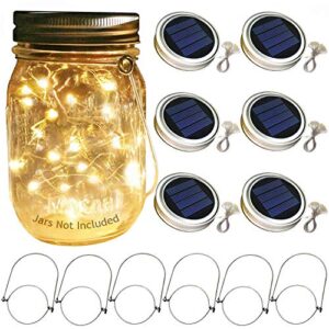 solar mason jar lid lights, 6 pack 30 led string fairy star firefly jar lids lights,6 hangers included(jars not included), best for mason jar decor,patio garden decor solar laterns table lights
