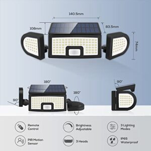 Solar Outdoor Lights Motion Sensor, 125 LED Waterproof IP65, 360° Adjustable 3 Heads Motion Sensor Lights with Remote Control, Wireless Security Lights Motion Outdoor Garden Garage Porch Yard