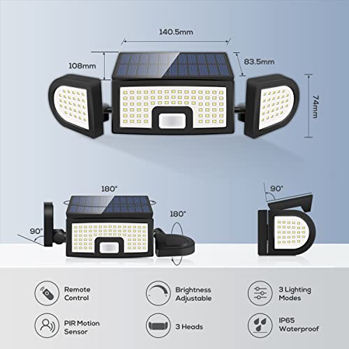 Solar Outdoor Lights Motion Sensor, 125 LED Waterproof IP65, 360° Adjustable 3 Heads Motion Sensor Lights with Remote Control, Wireless Security Lights Motion Outdoor Garden Garage Porch Yard