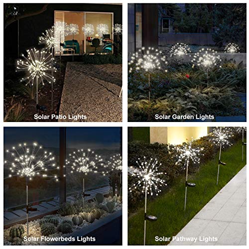 Garden Decorative Flowers Firework Lights Solar Powered 120 LED 40 Copper Wire DIY Waterproof Landscape Stake Light for Halloween, Christmas, Patio Yard Pathway Lawn Party Decor(White, 2 Pack )