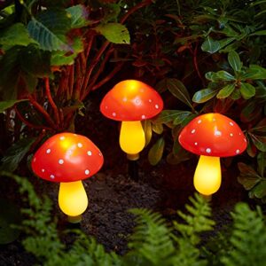 lights4fun, inc. set of 3 red solar powered mushroom toadstool led outdoor waterproof garden pathway landscape lights