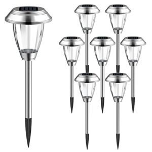 glass solar lights outdoor waterproof – 8 pack solar garden pathway lights auto on/off, decorative stainless steel landscape lighting for patio lawn yard walkway driveway decoration