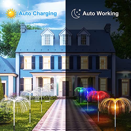 4 in 1 Solar Fiber Optic Lights with Remote Solar Flower Garden Lights Waterproof Solar Outdoor Decorations 7 Color Changing Solar Jellyfish Lights for Garden Patio Lawn Pathway Landscape Decor