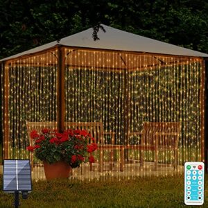 300 led solar curtain light outdoor remote control 8 lighting modes fairy lights, ip65 waterproof copper wire lights for christmas party wedding home bedroom garden wall decorations (warm)