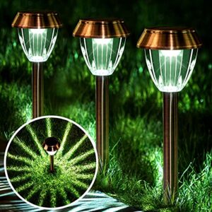 solatino solar pathway lights outdoor waterproof 6 pack solar powered garden lights bright up to 12 hrs yard light led landscape lighting decorative copper stainless steel walkway light, cold white