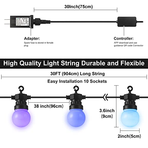 Omgomne Outdoor String Lights with APP Control,40FT(30+10) Smart Patio Lights RGB Hanging String Lights with 10 LED Bulbs for Outside Party Garden Backyard IP65 Waterproof