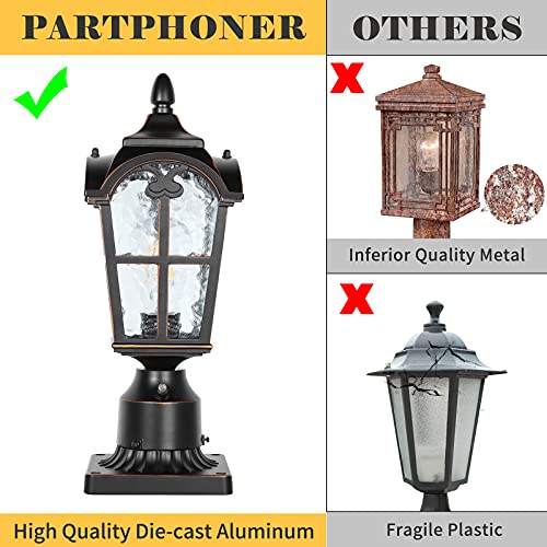 Hardwired 120V Dusk to Dawn Outdoor Post Light Black Roman, Waterproof Aluminum Pole Light Fixture with Pier Mount Base, Exterior Lamp Post Lantern Head with Clear Glass for Garden Yard Patio Pathway