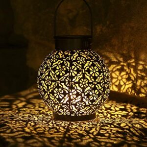solar lanterns outdoor, shineslay solar lanterns outdoor ip44 waterproof, 1 pack hollowed-out metal retro hanging led lights, sensitive lighting control lamp for patio courtyard balcony garden