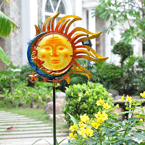 wotieuns Sun Garden Stake Decor Metal Glass Yard Art Decorations Metal Sun Stakes Outdoor Lawn Pathway Patio Flower Bed