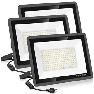yanycn 3 pack 100w led flood lights outdoor,super bright 11600lm security lights with plug,exterior ip66 waterproof 5000k daylight white floodlight for basketball court, yard, garden, playground