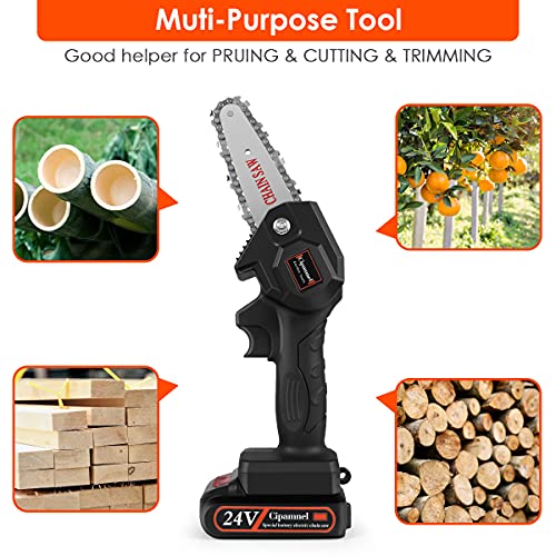 Mini Chainsaw, 4-Inch Portable Cordless Chain Saw with 24V 2pcs Rechargeble Batteries and 2 Chain, One-Handed Electric Chainsaw for Wood Cutting, Branches Pruning, Farming, and Garden Tree Trimming