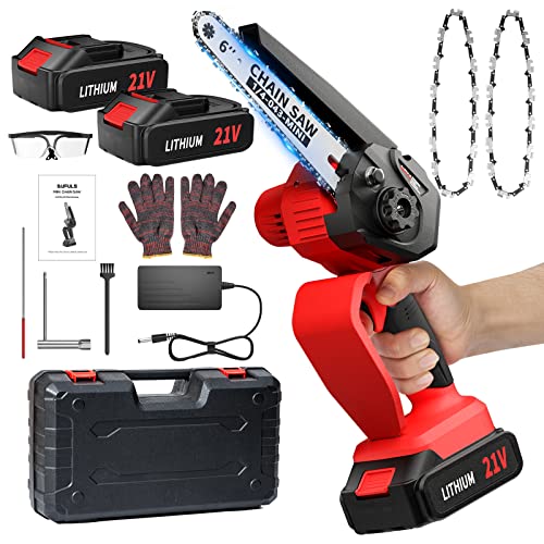 Mini Chainsaw Cordless Electric Chainsaw Hand Small Chain Saw Battery Power 50r/s Chain Saws for Trees Branches Wood Courtyard and Garden, 6 Inch Chainsaw(2 Chains + 2 Batteries)