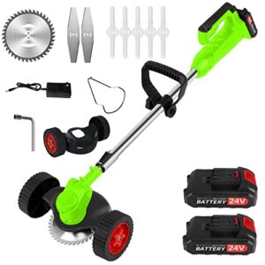 Electric Weed Wacker - 24V Li-Ion Cordless String Trimmer Weed Eater with Charger and 2 Battery, Lightweight Portable Grass Edger Lawn Mower for Lawn, Yard, Garden (Green w/Wheels)