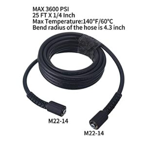 Tool Daily High Pressure Washer Hose, 25 FT X 1/4 Inch, 3600 PSI, M22 14mm, Replacement Power Washer Hose for Most Brands