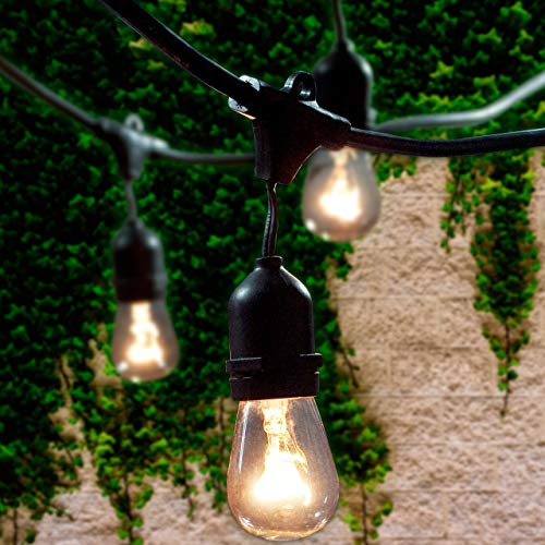 Lemontec Commercial Grade Outdoor String Lights with 15 Hanging Sockets - 48 Ft Black Weatherproof Cord Weatherproof Strand for Patio Garden Porch Backyard Party Deck Yard – S14 Black