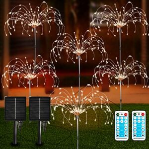 outdoor solar garden lights 6 pack, 120 led copper wire light with remote, 8 lighting modes decorative stake landscape light diy solar firework light for garden pathway party decor (warm)