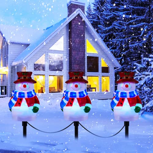 Christmas Snowman Pathway Lights Outdoor, 3 in 1 LED Landscape Path Lights for Holiday Decoration, 2022 Snowman Santa Reindeer Pathway Lights for Garden, Yard, Lawn, Porch, Outdoor Décor Plug in