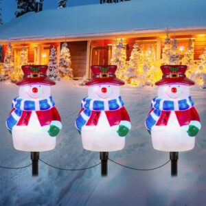 Christmas Snowman Pathway Lights Outdoor, 3 in 1 LED Landscape Path Lights for Holiday Decoration, 2022 Snowman Santa Reindeer Pathway Lights for Garden, Yard, Lawn, Porch, Outdoor Décor Plug in
