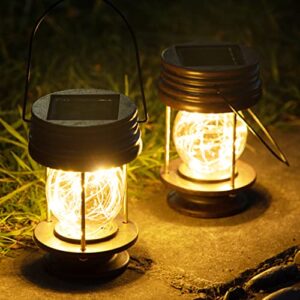 solar lanterns outdoor hanging – 2 pack waterproof landscape lights solar table lamps with retro design, warm leds fairy lights for indoor tabletop patio, garden, yard, and pathway decoration
