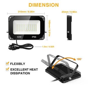 Onforu 2 Pack 50W LED Flood Light Outdoor, 4500lm LED Work Light, IP66 Waterproof Outdoor Floodlights with Plug, 6500K Daylight White Super Bright Security Light for Yard, Garden, Garage, Lawn