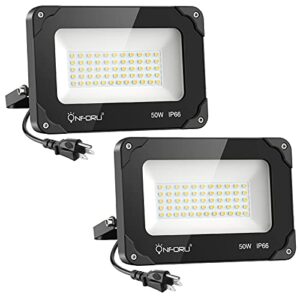 onforu 2 pack 50w led flood light outdoor, 4500lm led work light, ip66 waterproof outdoor floodlights with plug, 6500k daylight white super bright security light for yard, garden, garage, lawn