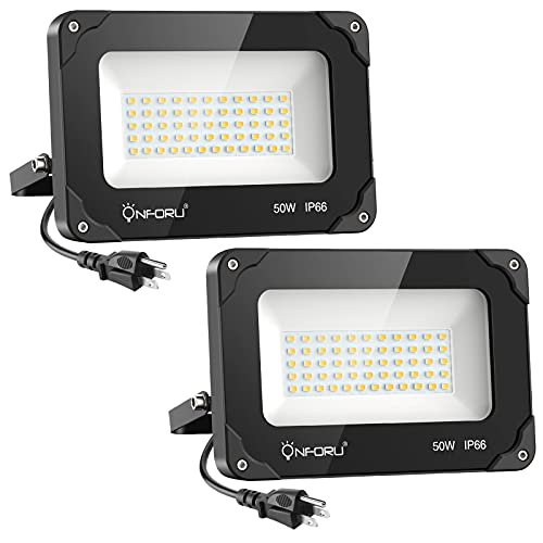 Onforu 2 Pack 50W LED Flood Light Outdoor, 4500lm LED Work Light, IP66 Waterproof Outdoor Floodlights with Plug, 6500K Daylight White Super Bright Security Light for Yard, Garden, Garage, Lawn