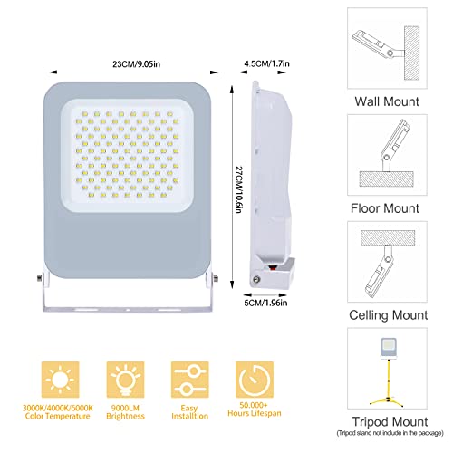 SWORDFORCE Led Flood Light Outdoor, 100W 2 Pack 3CCT Selectable 3000K/4000K/6500K Indoor Led Work Lights Plug in Floodlight Waterproof for Yard,Garage,Shop,Garden,Playground…