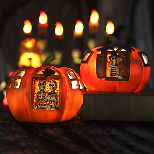 Halloween Skeleton Pumpkin Decorative Lights, Creative Resin LED Cemetery Skeleton Pumpkin Lights for Haunted House bar Horror Haunted Home Garden, Battery Switch (A)