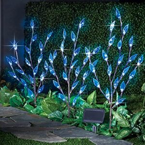 Collections Etc Bright Leaf Branch Solar Garden Lights with Adjustable Branches - Set of 3, Outdoor Decorative Accents, Blue, 60