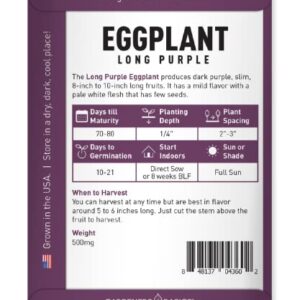 Eggplant Seeds for Planting - (Long Purple) is A Great Heirloom, Non-GMO Vegetable Variety- 500 mg Seeds Great for Outdoor Spring, Winter and Fall Gardening by Gardeners Basics