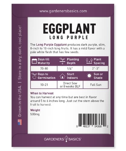 Eggplant Seeds for Planting - (Long Purple) is A Great Heirloom, Non-GMO Vegetable Variety- 500 mg Seeds Great for Outdoor Spring, Winter and Fall Gardening by Gardeners Basics